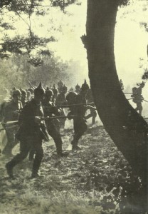German infantry advance through Belgium.