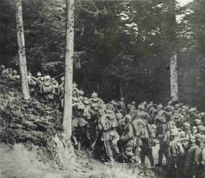 German troops on the march in a forest in East Prussia
