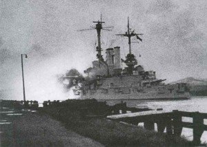 German old battleship Schleswig-Holstein bombards Polish positions on Westerplatte.