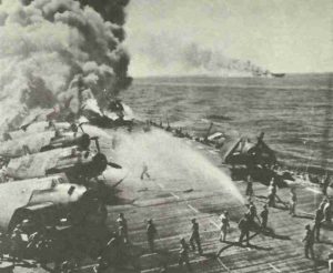 Belleau Wood burns after a kamikaze hit