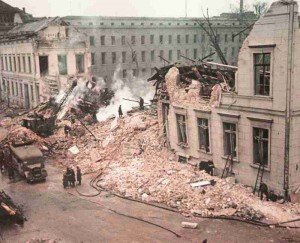 Around the Reich Chancellery in Berlin after an air raid.