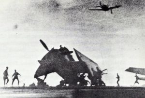 Kamikaze pilot is crashing into the US escort carrier