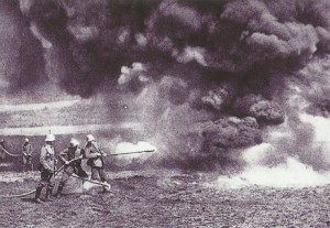 German soldiers exercise with flame-throwers 