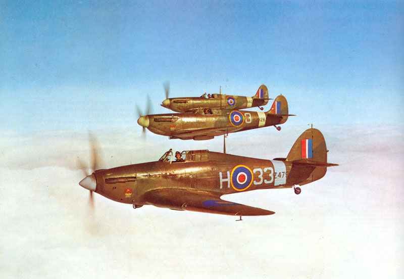 Hurricane I in formation with two Spitfires 