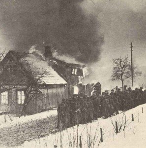 German troops in a burning village in Norway. 