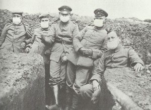 German soldiers wear an early form of gas-mask