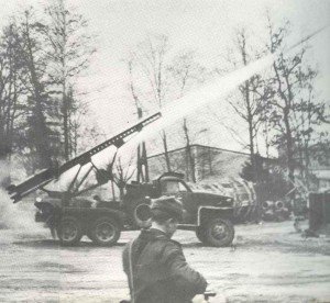 BM-13N Katyusha mounted on a Studebaker US6 chassis launches its M-13 rockets 