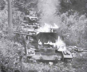 Matilda II tanks of the BEF are burning