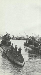 A German U-boat in a French Atlantic port.