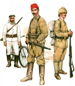 Infantry of Ottoman Army, from left to right: Arab bicycle soldier (1915), Infantryman on Russian front (1917), Turkish line infantryman (1914).