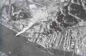 Fires after air raid on fuel depots and tankers on the river  Thames 