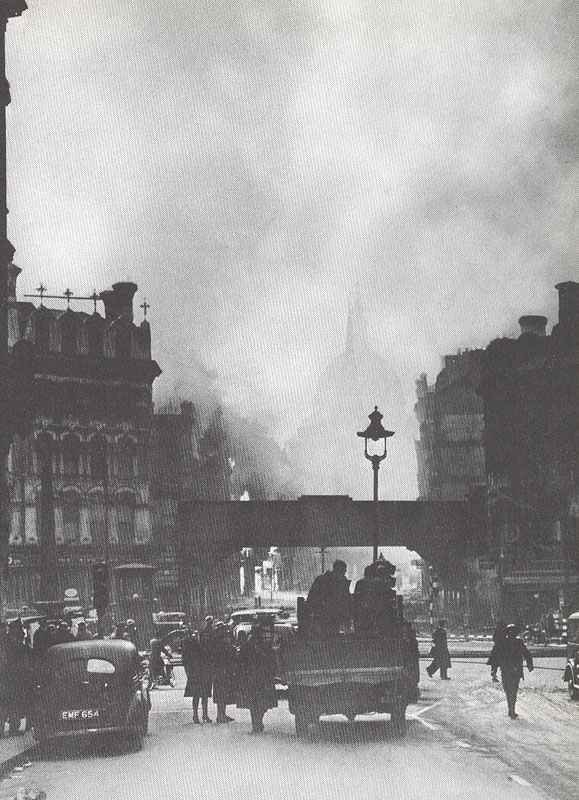 Burning buildings after a Blitz air raid