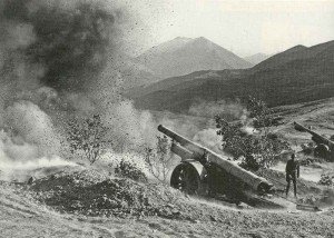 Italian heavy guns 149/35 under artillery fire in Albania