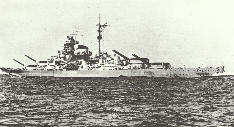 Tirpitz with her guns elevated to port