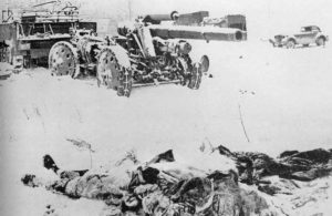Death soldiers, destroyed equipment and weapons left by the retreating Germans