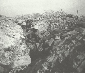 French soldiers shelter in a trench on 'Le Mort Homme