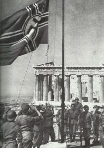  German battle flag is hoisted in front of the Parthenon