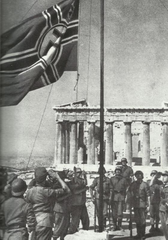 German battle flag is hoisted in front of the Parthenon