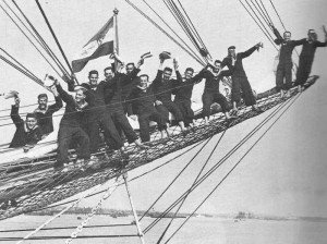 Yugoslav cadets on the bowsprit of the training vessel Jadran