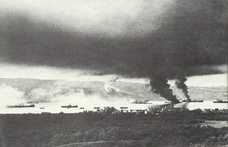 Burning British ships after a German air raid in Souda Bay