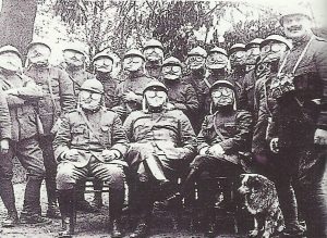 Italian ambulance soldiers with gas masks