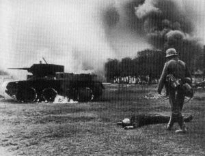 knocked out and burning Russian BT tank