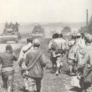 Russian prisoners walking backwards, German tanks advancing forward. 