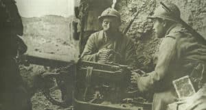 French soldiers man a German machine gun 
