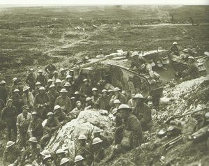 British troops and a Mark I tank 