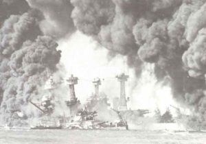 burning battleships West Virginia and Tennessee