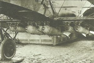 Bombs in position under the fuselage and wing of a Gotha bomber 