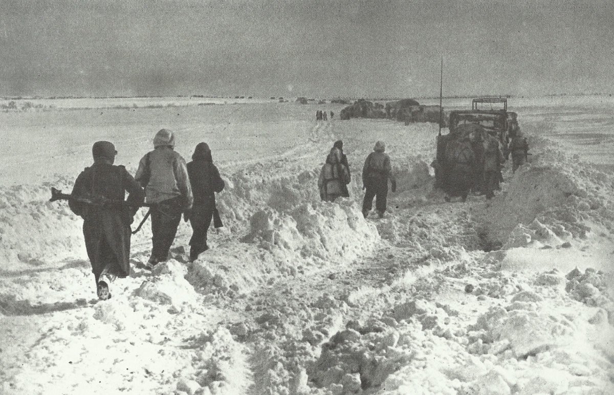 Retreat of German troops through the snow-covered steppe