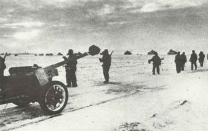 German column with anti-tank guns, infantry and tanks
