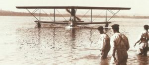 An Italian seaplane is returning to its base.
