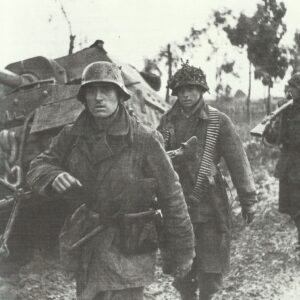 German infantry from a Luftwaffe unit pass a disabled tank destroyer Elefant