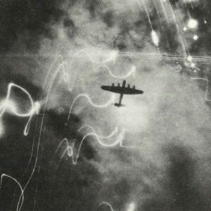 Lancaster bomber over the burning district of Altona in Hamburg