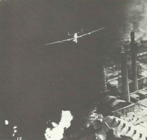 B-24 Liberator at roof height over the Ploesti Oilfields. 