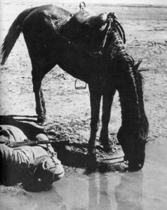 Russian soldier and his horse drinking