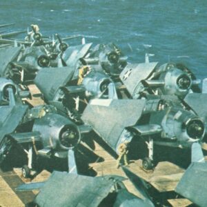 Crowded flight deck of a US carrier in late 1943