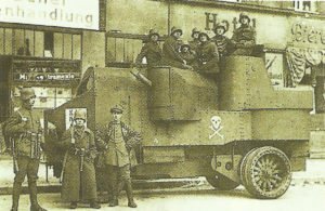 armoured car is standing here on Alexanderplatz in Berlin