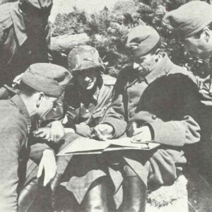 Hungarian officers confer with a German