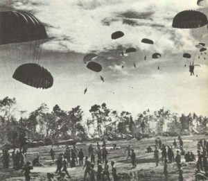 US paratroopers landing on Noemfoor Island.